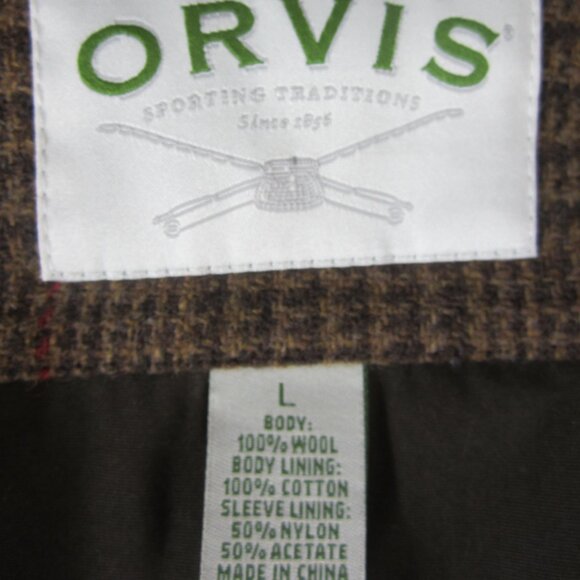 Orvis Mens Large Brown Houndstooth Plaid Wool Bomber Full Zip Jacket Pockets - Picture 3 of 16